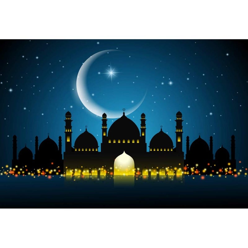 DORCEV 7x5ft Night Mosque Silhouette Photography Backdrop Ramadan Islam Islamic Pray Arab Eid Traditional Minaret Moon Night Adult Artistic Photo Studio Props - Image 1